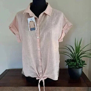 ❤️ Jachs Girlfriend Short Sleeved Linen Blend Blouse Small Pink Lightweight Top